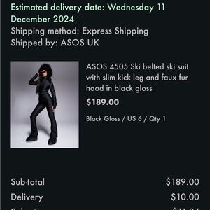 ASOS 4505 Ski belted ski suit faux fur hood in black gloss